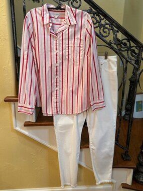 J. Crew Pink/Red/White striped button down shirt * Ladies XXL